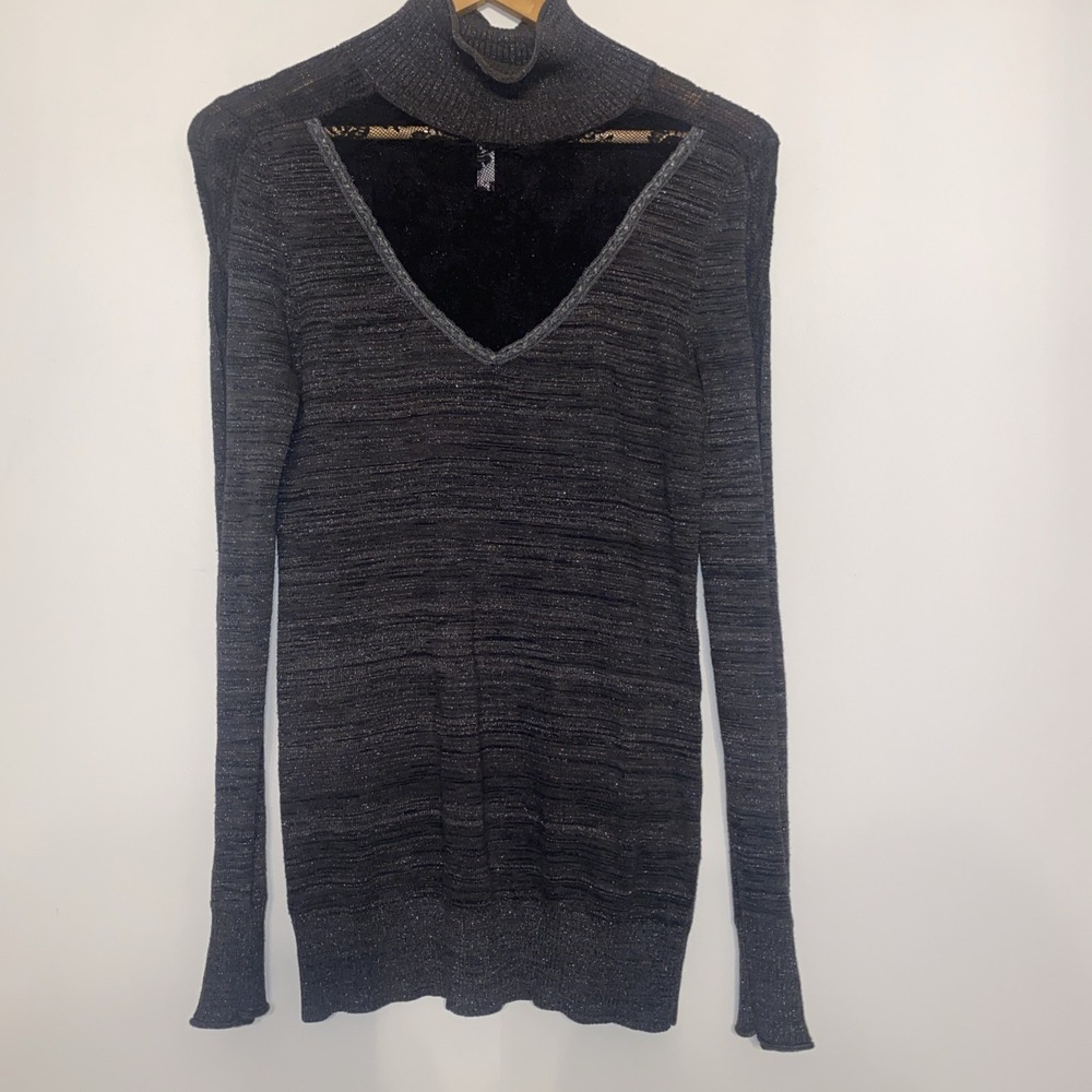Free People‎ Ribbed Knit Cutout Choker Neck Sweater Top Gray Metallic Size M